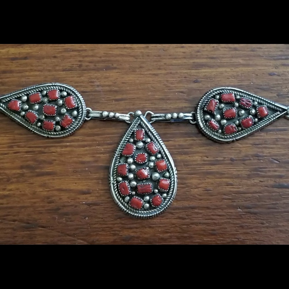 Chunky Navajo Coral And Silver Necklace - 64 grams